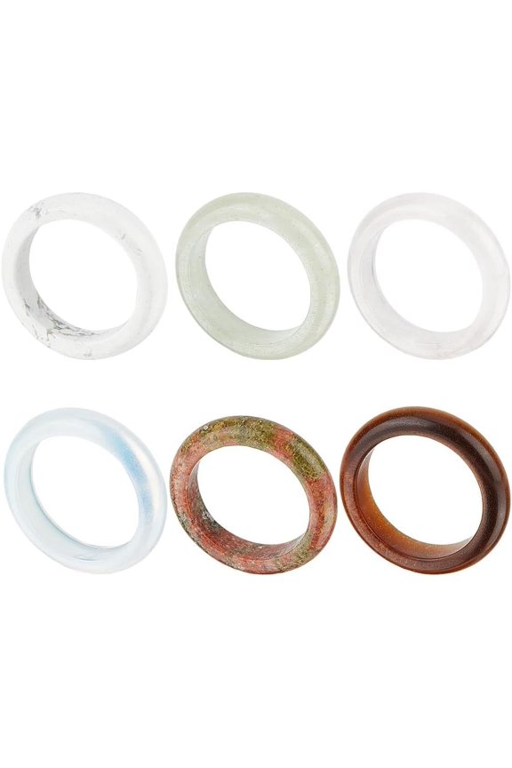 6Pcs Natural Gmestone Finger Rings Smooth Natural Gemstone Band Ring Round Donut Gemstone Rings(Hole: 0.76Inch)