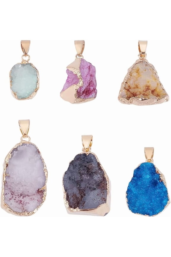 6Pcs Natural Stone Dangle Charms Agate Stone Charms Irregular Gold-Plated Edge Clusters Pendant for DIY Necklace Jewelry Making Hole: 3x6mm Colorful DIY