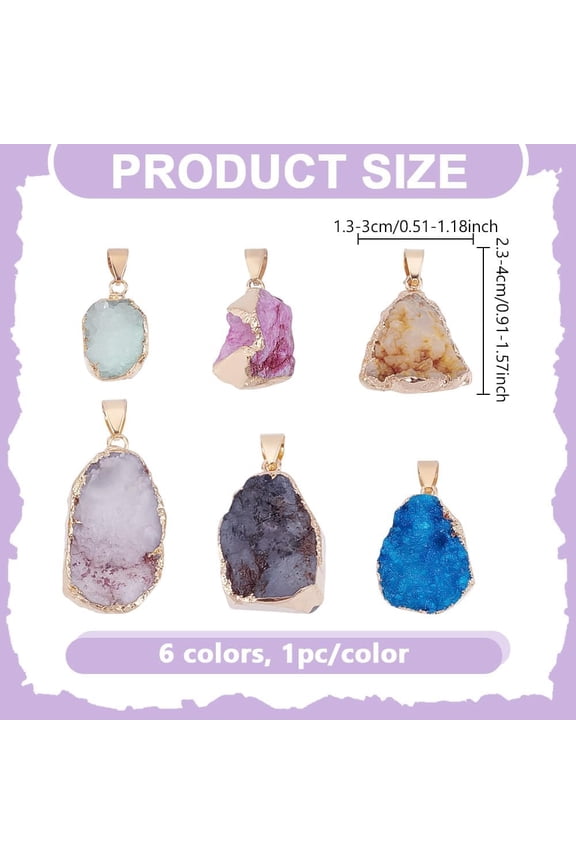 6Pcs Natural Stone Dangle Charms Agate Stone Charms Irregular Gold-Plated Edge Clusters Pendant for DIY Necklace Jewelry Making Hole: 3x6mm