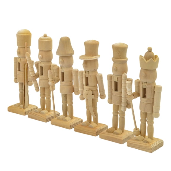 6Pcs Natural Wooden Unfinished Nutcrackers Ornament Artistic Tabletop Display For Kids Crafting And Festives Decoration