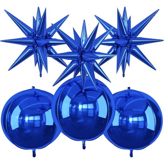 6Pcs Navy Blue Foil Balloons,22Inch Metallic Blue 4D Round Ball Balloon and Explosion Star Balloon for Birthday New Year Eve Prom Graduations Anniversary Party Decorations