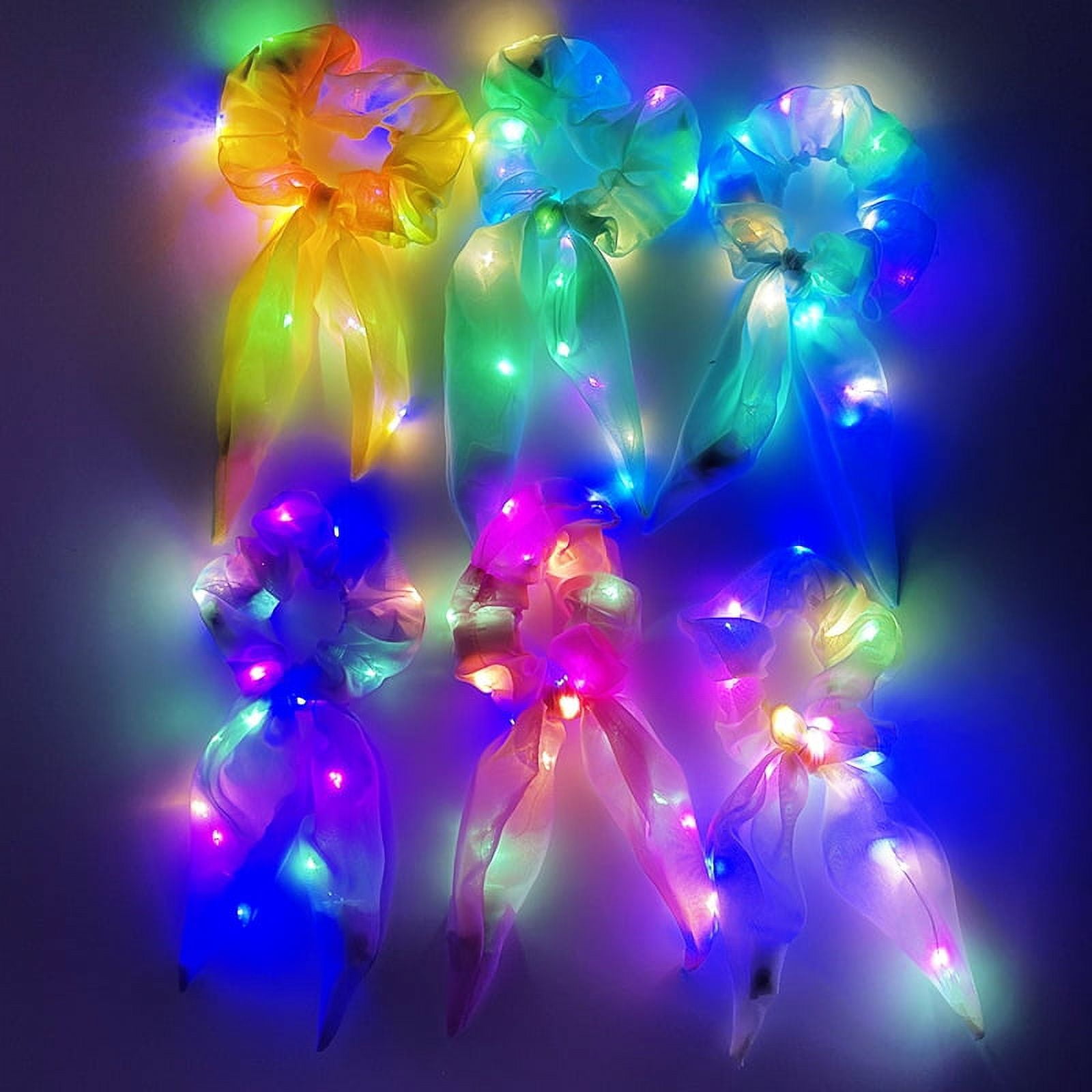 6Pcs Neon Light Up Bow Scrunchies for Girls, Cute Led Hair Scrunchie