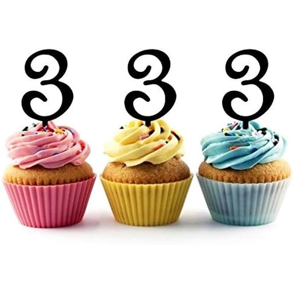 6Pcs Number 3 Silhouette Acrylic Cupcake Toppers for 3rd Birthday or Anniversary Party Supplies