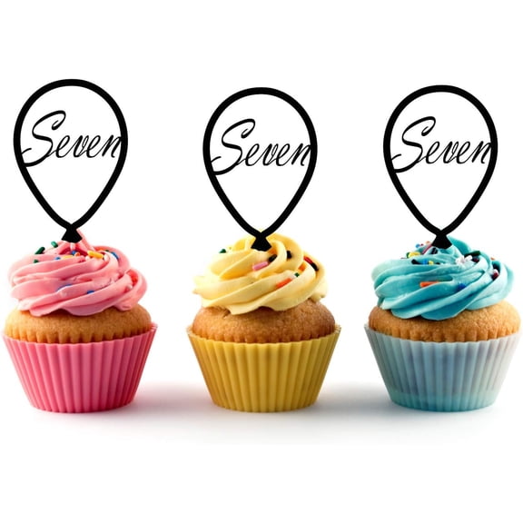 6Pcs Number 7 "Seven" Balloon Acrylic Cupcake Toppers for 7th Birthday Party Decorations