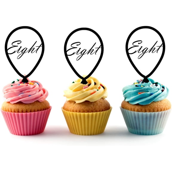 6Pcs Number 8 "Eight" Balloon Acrylic Cupcake Toppers for 8th Birthday Party Decorations