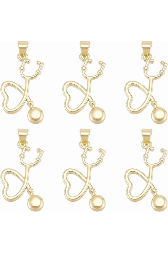 6Pcs Nurse Charm Real 18K Gold Plated Stethoscope Pendant 22.7x9.5mm Gold Brass Nurse Pendant for DIY Jewelry Making Nurse day Doctor Jewelry Gifts Gold DIY