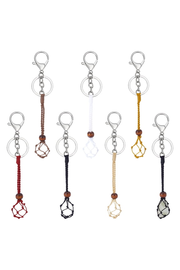 6Pcs Nylon Thread Macrame Pouch Keychain with Alloy Lobster Claw Clasp and Iron Rings Mixed Color 170mm 6pcs/set DIY