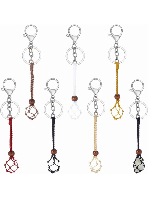 6Pcs Nylon Thread Macrame Pouch Keychain with Alloy Lobster Claw Clasp and Iron Rings Mixed Color 170mm 6pcs/set for Handmade