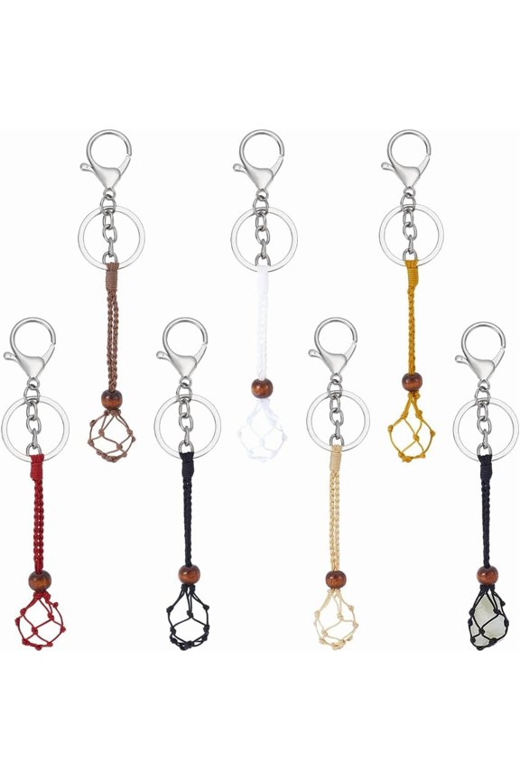 6Pcs Nylon Thread Macrame Pouch Keychain with Alloy Lobster Claw Clasp and Iron Rings Mixed Color 170mm 6pcs/set handmade