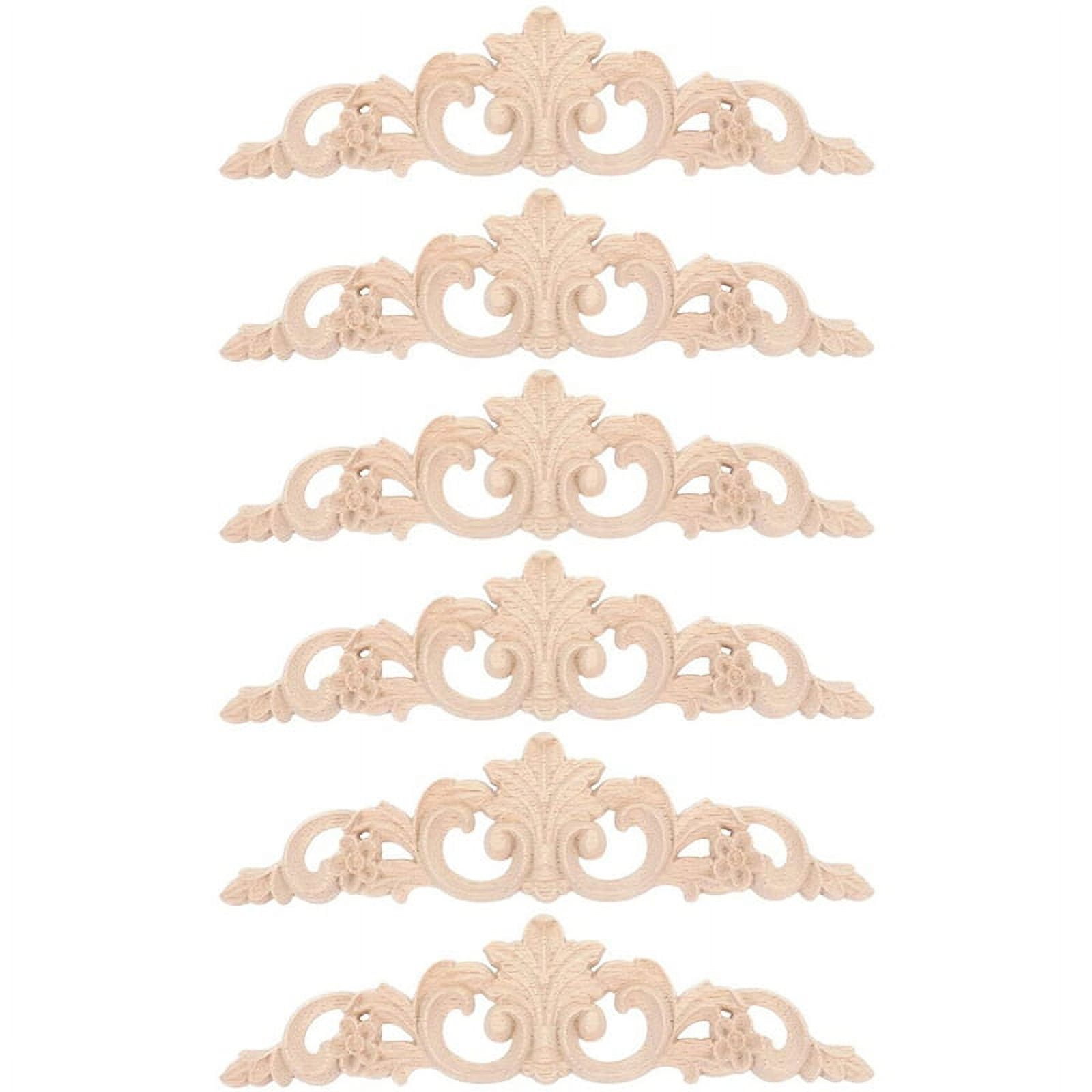 6Pcs Onlay Wood Mouldings Wood Applique Wood Decal Carved Unpainted Long Flower Rubber Wood Corner Furniture