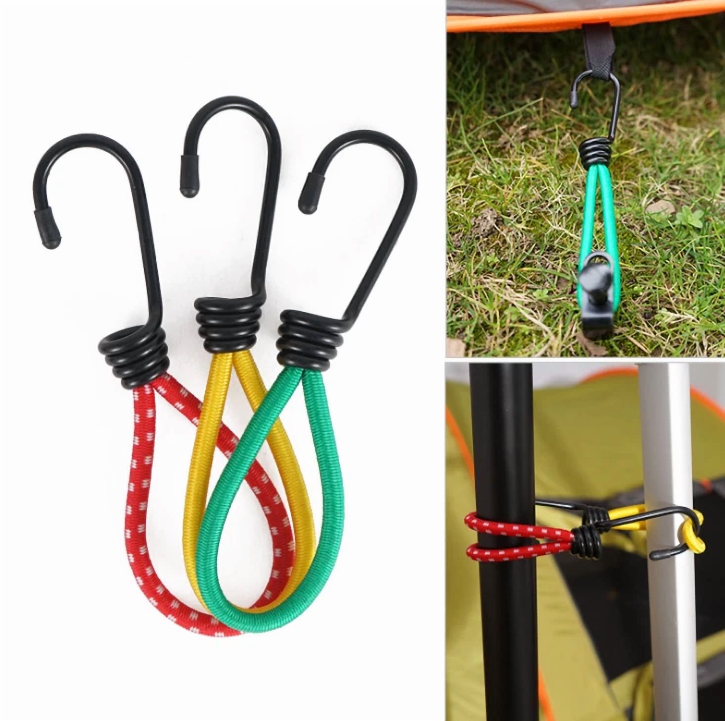 6Pcs Outdoor Tent Peg Bend Hook Camping Accessory Stretchable Elastic Pull Rope
