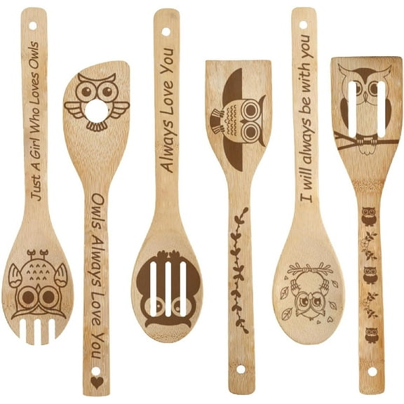 6Pcs Owls Always Love You Wooden Spoons Utensil Animal Words Kitchen Tableware Dinnerware Nature Bamboo Cooking Carve Burned Slotted Spatulas for Birthday Decor Housewarming Wedding Gifts DIY