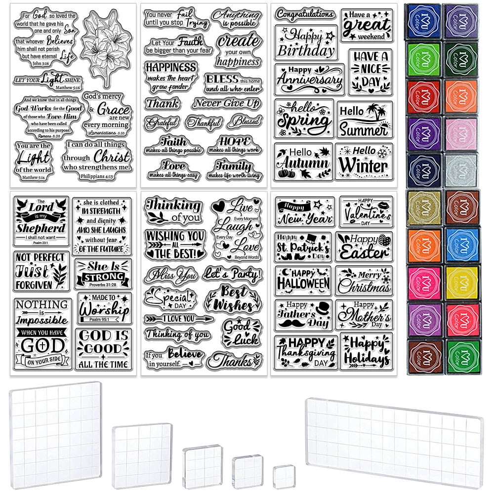 6Pcs PVC Plastic Clear Stamps Set for DIY Scrapbooking Photo Album Decorative Cards Making with 6Pcs Acrylic Sheets and 20 Colors Ink Pad Stamps