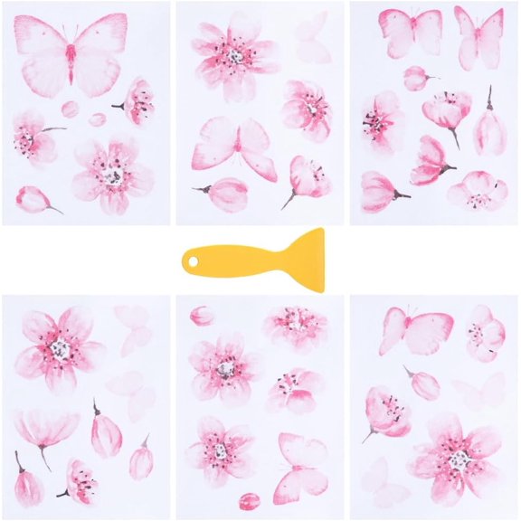 6Pcs PVC Wall Stickers with 1Pc Plastic Scraper Wall Decorations Flower 197x147x0.1mm Sticker: 22~86x18~104mm Craft Supplies