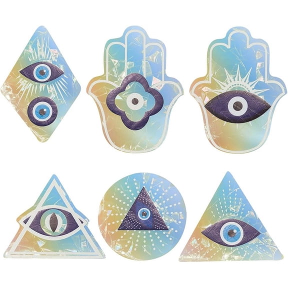 6Pcs PVC Window Clings Blue Evil Eye Window Decals Static Hasma Hand Anti-Collision Transparent Glass Alert Rainbow Window Suncatcher Stickers DIY