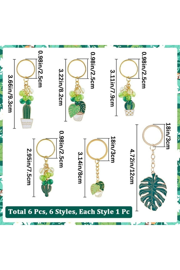 6Pcs Palm Leaf Key Chain Cactus Keychains Bulk 6 Styles Summer Tropical Green Plant Monstera Leaves Alloy Enamel Hanging Pendant Keychain for Keychain Purse Bag Party Favors DIY Decoration