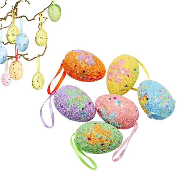 6Pcs Pastel Foam Easter Egg Ornaments, Multicolor Confetti Detailed Hanging Decorations, Springtime Home Accessories, A