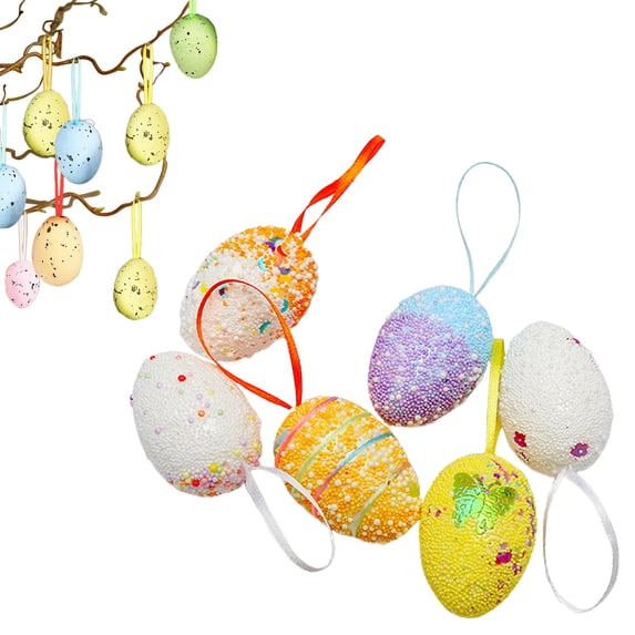 6Pcs Pastel Foam Easter Egg Ornaments, Multicolor Confetti Detailed Hanging Decorations, Springtime Home Accessories, C