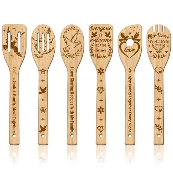 6Pcs Peace Dove Bamboo Cooking Utensils Wooden Engraved Cooking Spoons Set Stars Carving Kitchen Bamboo Spatula Set Wood Cooking Spoon