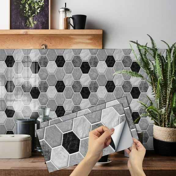 6Pcs Peel and Stick Tile Stickers 11.8x5.9inch Black Gray Mosaic Geometric Pattern Backsplash Wall Decals Self Adhesive Waterproof Vinyl Wallpaper