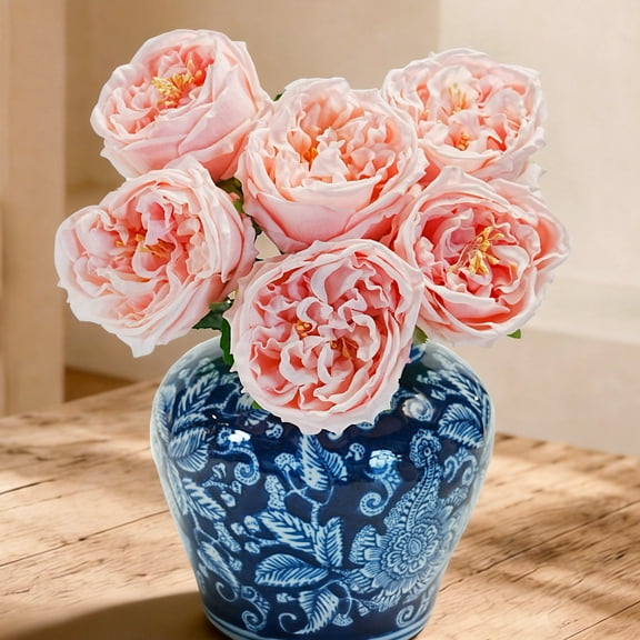 6Pcs Peonies Artificial Flowers,17"Real Touch Peonies Fake Flower,Austin Roses Long Stem for Home Decor Wedding Party Valentines Arrangement,Pink,JaHe Artisan