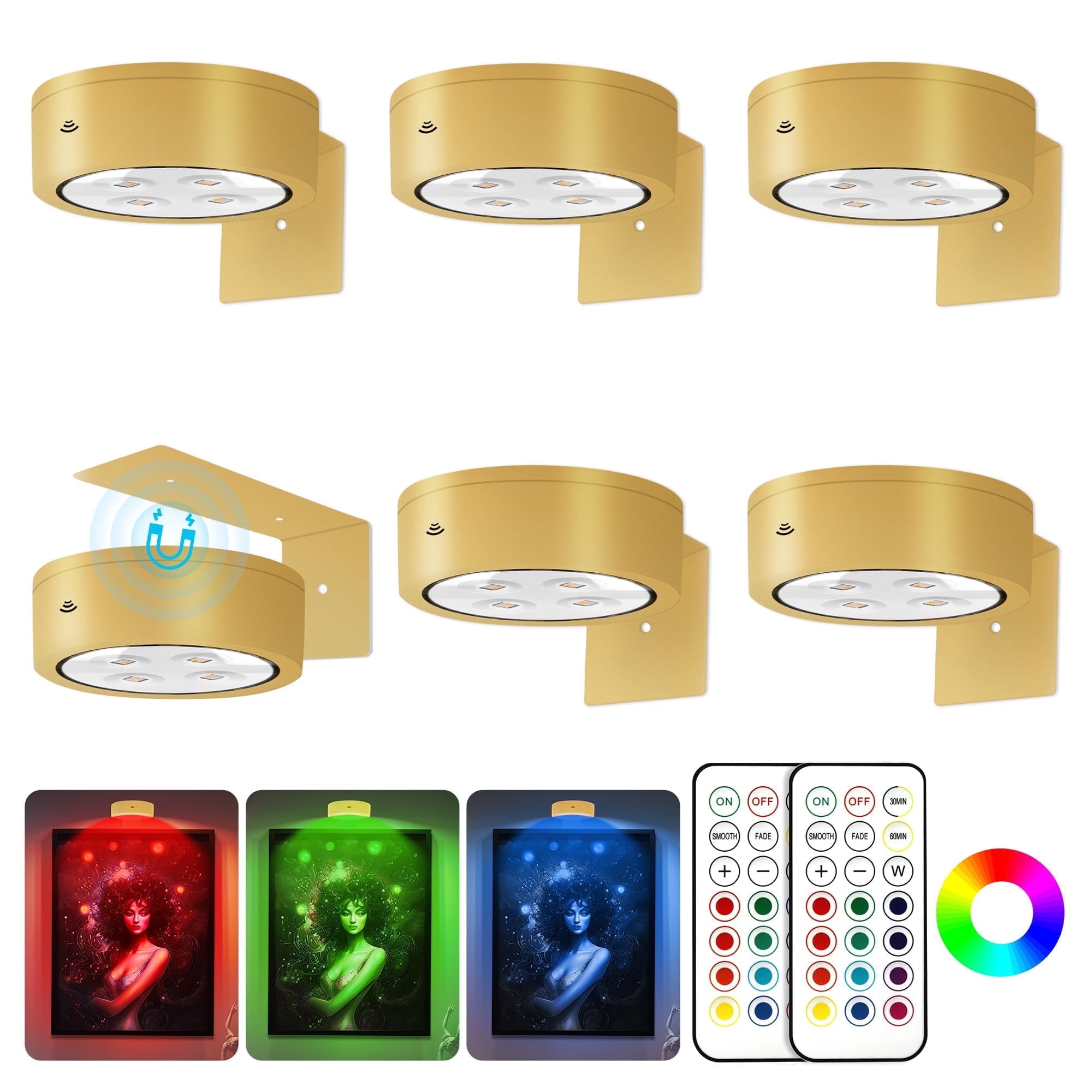 6Pcs Picture Light Battery Operated, 13 RGB Color Magnetic Led Art ...