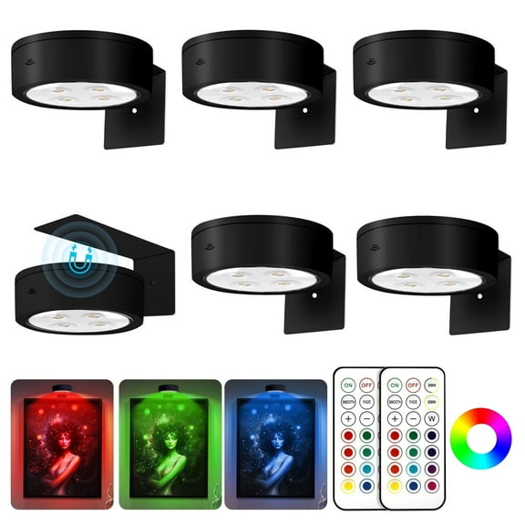 6Pcs Picture Light Battery Operated 13 RGB Color Magnetic Led Art Display Light for Picture Frame Artworking Wireless Painting Light with Remote Control Party Home Wall Decor Puck Light RGB