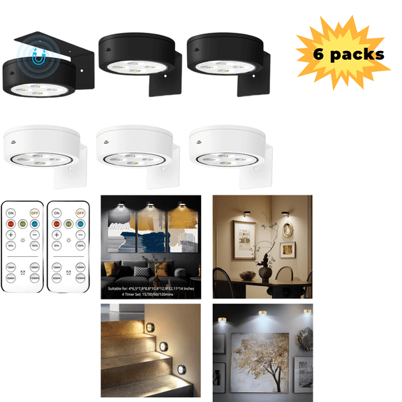 6Pcs Picture Light Battery Operated, Wireless Led Painting Light with Remote Dimmable and Timer, 3 Lighting Modes Art Display Light for Picture Frame Artworking Portrait (Gold and White)