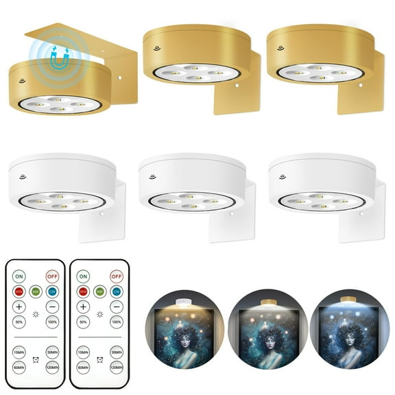6Pcs Picture Light Battery Operated, Wireless Led Painting Light with Remote Dimmable and Timer, 3 Lighting Modes Art Display Light for Picture Frame Artworking Portrait (Gold  and White)