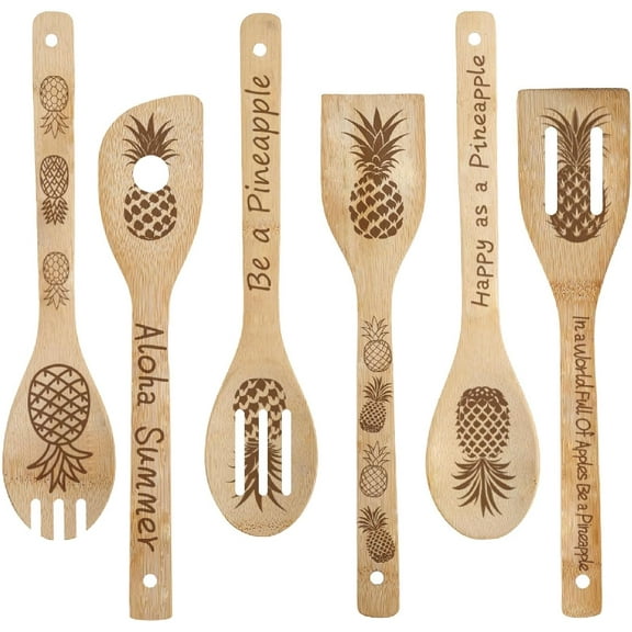 6Pcs Pineapple Wooden Spoons Utensils Set Fruit Tableware Dinnerware Bamboo Cooking Natural Wood Carve Burned Slotted Spatulas Flatware for Kitchen Decor Gifts Housewarming Wedding Birthday colorful