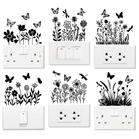6Pcs Plant Flower Silhouette Light Switch Stickers 7x7 Inch Butterfly Dragonfly Wall Sticker Light Switch Decals for Light Switch Outlets