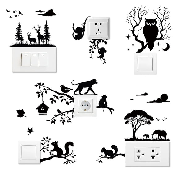 6Pcs Plant PVC Plastic Waterproof Self-adhesive Stickers Set Light Switch Decals for Wall Decoration Animals 180x180mm for DIY Plastic