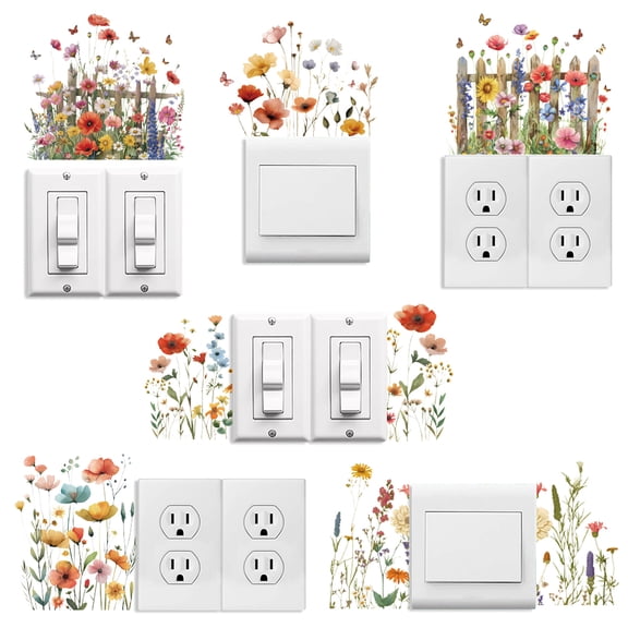 6Pcs Plant PVC Plastic Waterproof Self-adhesive Stickers Set Light Switch Decals for Wall Decoration Flower 180x180mm