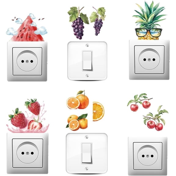 6Pcs Plant PVC Plastic Waterproof Self-adhesive Stickers Set Light Switch Decals for Wall Decoration Fruit 180x180mm