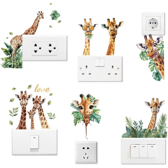 6Pcs Plant PVC Plastic Waterproof Self-adhesive Stickers Set Light Switch Decals for Wall Decoration Giraffe 180x180mm for DIY