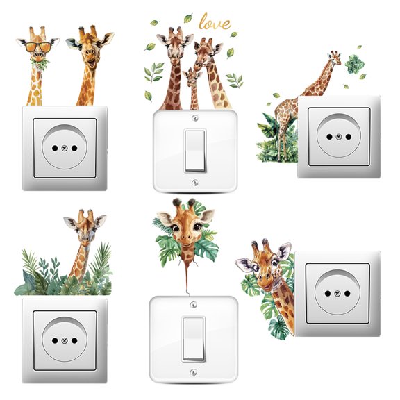 6Pcs Plant PVC Plastic Waterproof Self-adhesive Stickers Set Light Switch Decals for Wall Decoration Giraffe 180x180mm