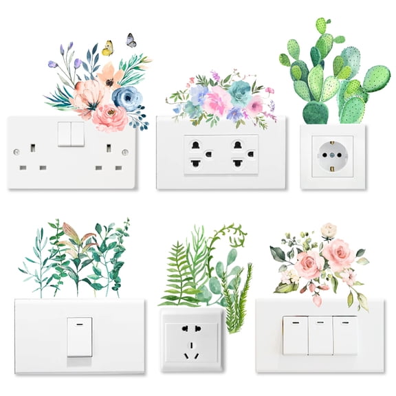 6Pcs Plant PVC Plastic Waterproof Self-adhesive Stickers Set Light Switch Decals for Wall Decoration Mixed Shapes 180x180mm DIY