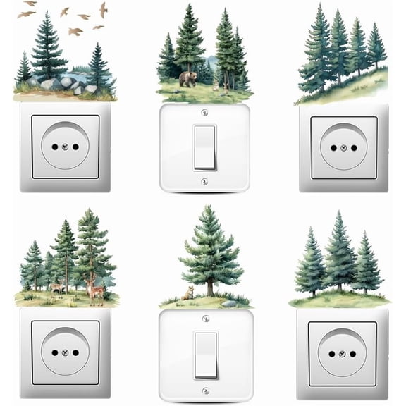 6Pcs Plant PVC Plastic Waterproof Self-adhesive Stickers Set Light Switch Decals for Wall Decoration Pine Tree 180x180mm
