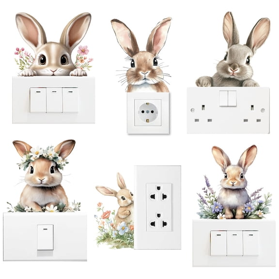 6Pcs Plant PVC Plastic Waterproof Self-adhesive Stickers Set Light Switch Decals for Wall Decoration Rabbit 180x180mm for DIY