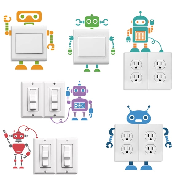 6Pcs Plant PVC Plastic Waterproof Self-adhesive Stickers Set Light Switch Decals for Wall Decoration Robot 180x180mm DIY