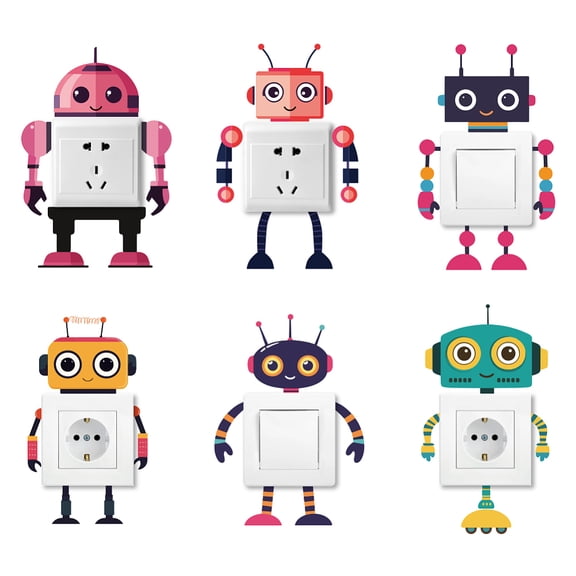 6Pcs Plant PVC Plastic Waterproof Self-adhesive Stickers Set Light Switch Decals for Wall Decoration Robot 180x180mm for DIY