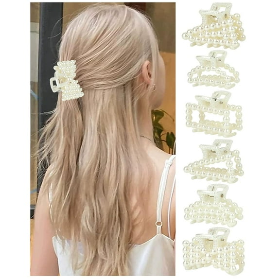 6Pcs Plastic Claw Hair Clips 6 Styles with Imitation Pearl Beads and Iron Findings White 1.06x1.54x1 inch for Hair Styling Accessories