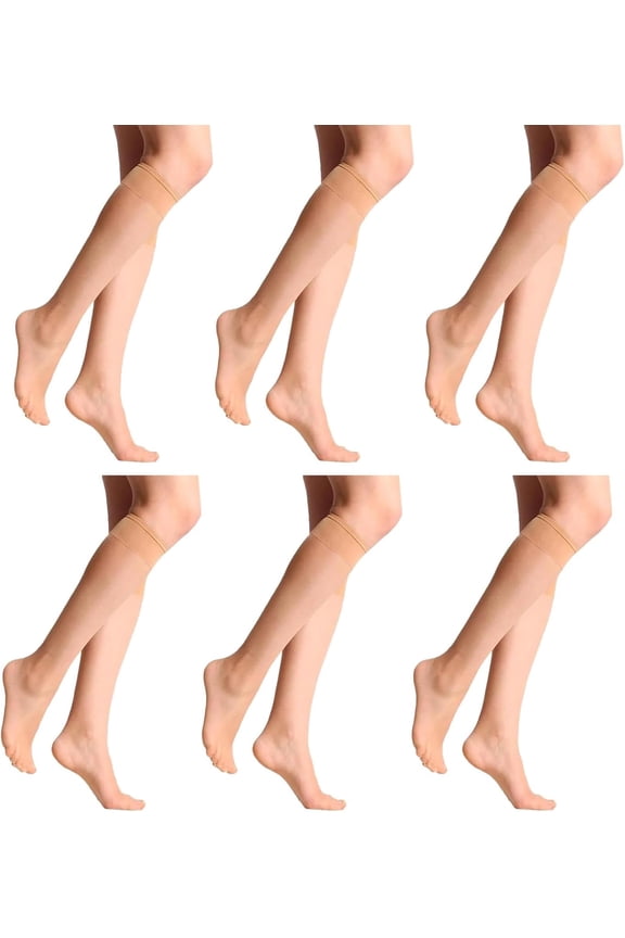 6Pcs Pop Socks, Pop Socks Women Knee High, Breathable Nude Sheer Pop Knee High Tights, Light Skin Color Pop Socks Women Knee High Wide Fit with Comfort Top Knee High Tights Sheer