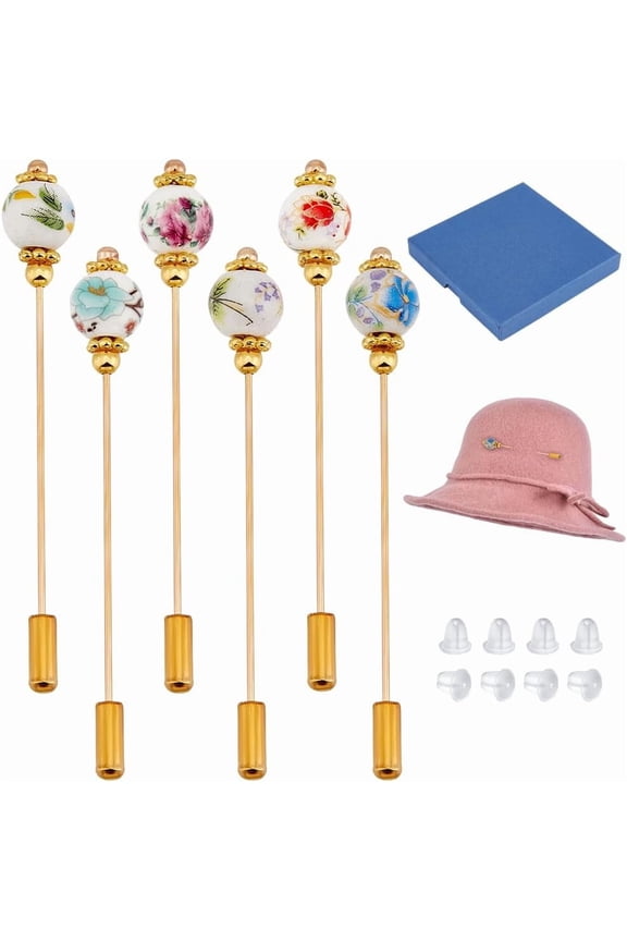 6Pcs Porcelain Hat Pin Vintage Safety Pins Brooches Porcelain with Plant Designs Brooch Pin Stick for Tie Scarf Western Cowboy Hats Hair Accessories 2.8inch
