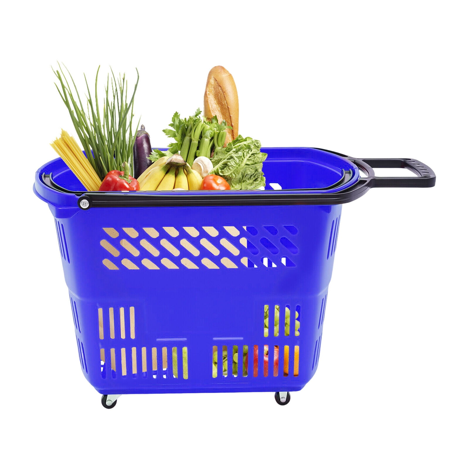 6Pcs Portable Shopping Carts Plastic Shopping Baskets Rolling Shopping  Basket with Wheels 35L (Blue) W/ 4 Wheels+Handle 