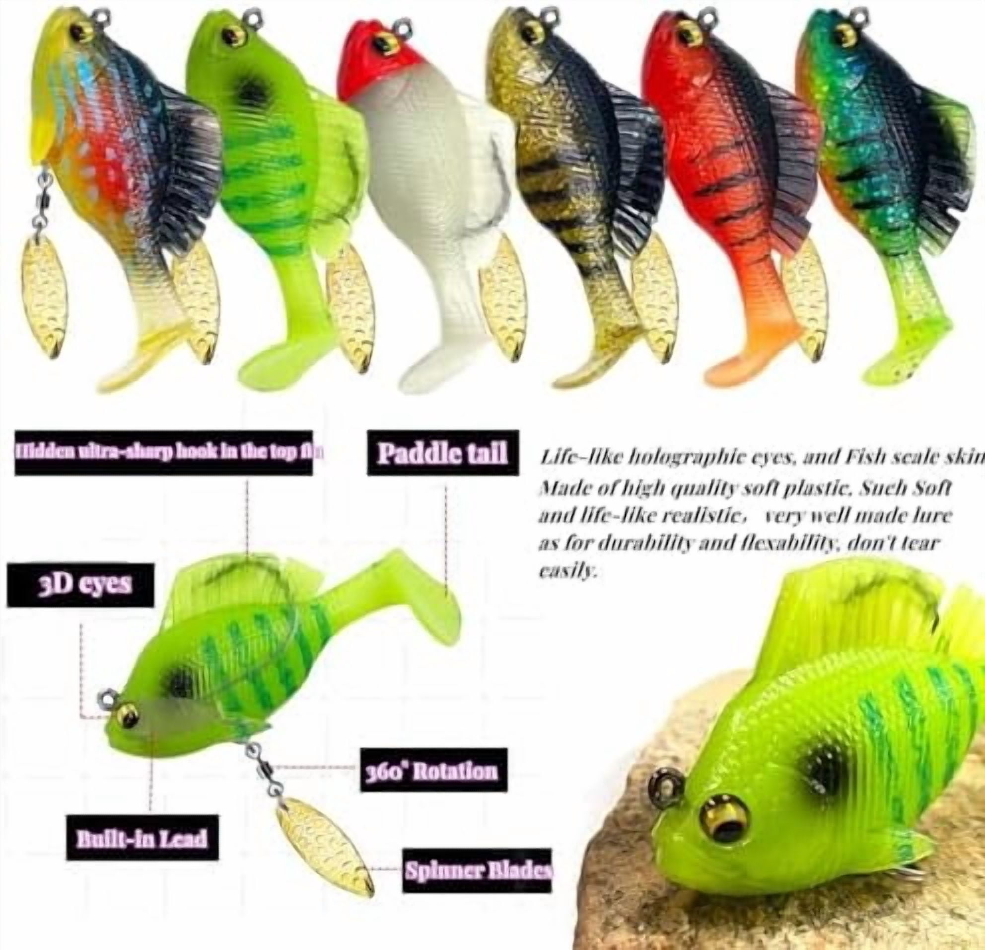 6Pcs Pre-Rigged Jig Head Soft Fishing Lures，Paddle Tail Swimbaits/3D Eyes/Spinner Blades for Bass Fishing,Hidden Ultra-Sharp Hook in The top fin,Fishing Bait for Freshwater Saltwater
