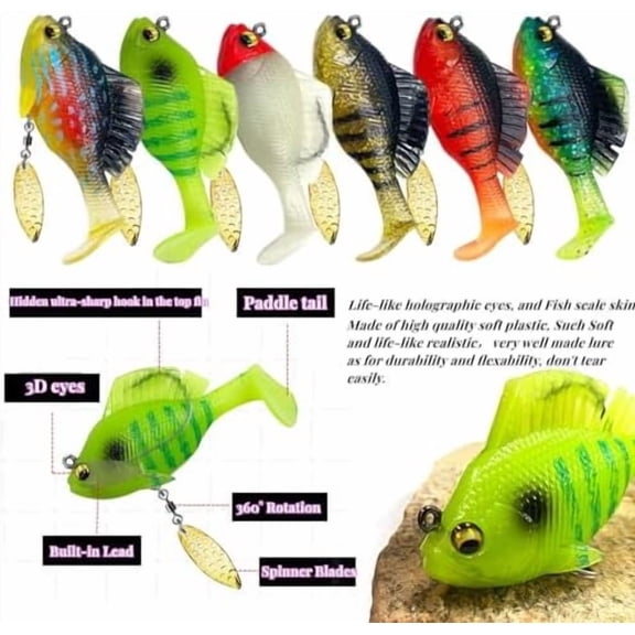 6Pcs Pre-Rigged Jig Head Soft Fishing LuresPaddle Tail Swimbaits/3D Eyes/Spinner Blades for Bass Fishing,Hidden Ultra-Sharp Hook in The top fin,Fishing Bait for Freshwater Saltwater