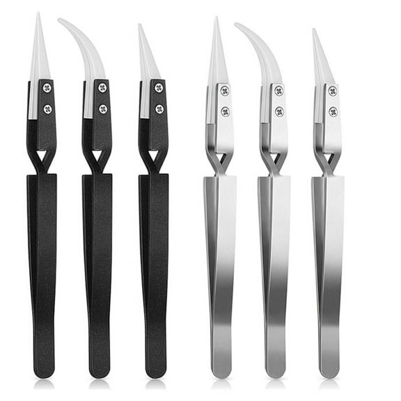 6Pcs Reverse Ceramic Tweezers Pointed Curved Tips Tweezer Set Non Conductive, Anti Magnetic Soldering Tweezers