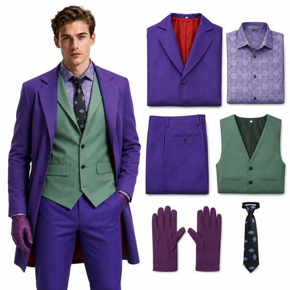 6Pcs Purple Clown Costume for Men with Long Coat Vest Shirt Pants Gloves and Tie for Halloween Parties
