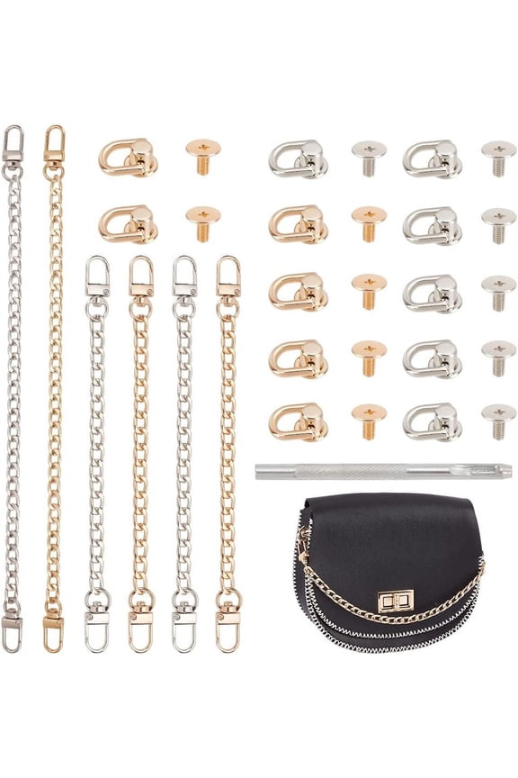 6Pcs Purse Strap Extender with 12Pcs Studs Rivets D Ring Bag Chain Purse Straps Replacement for Purse Strap Wallet Handbags Golden and Silver 7.9~12 Inch Length for DIY